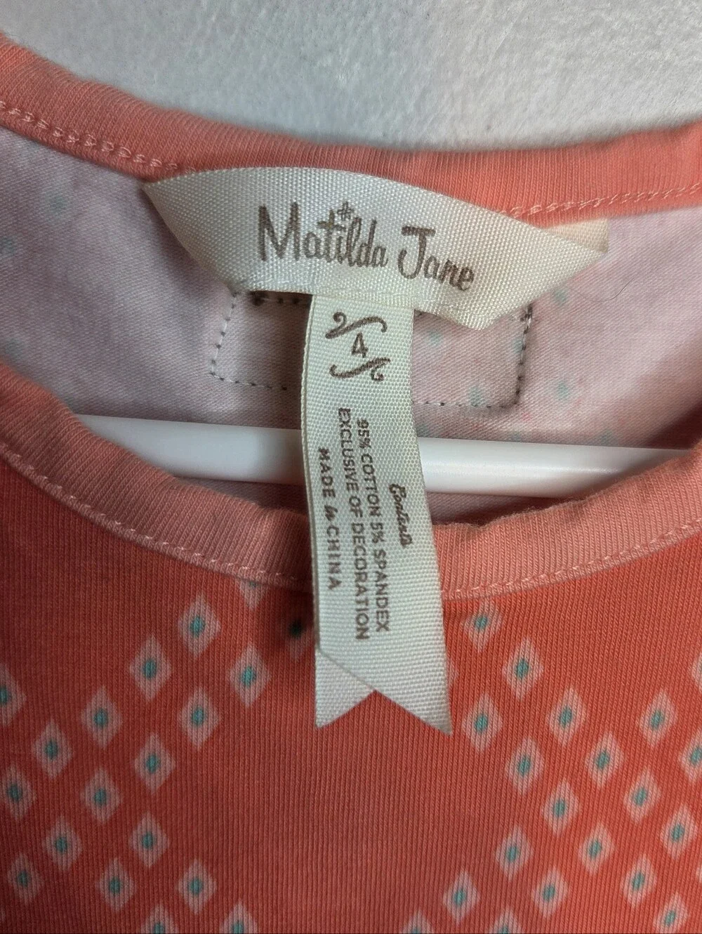 Matilda Jane Girls Coral Ruffle Romper Jumpsuit Size 4 Diamond Print Pockets